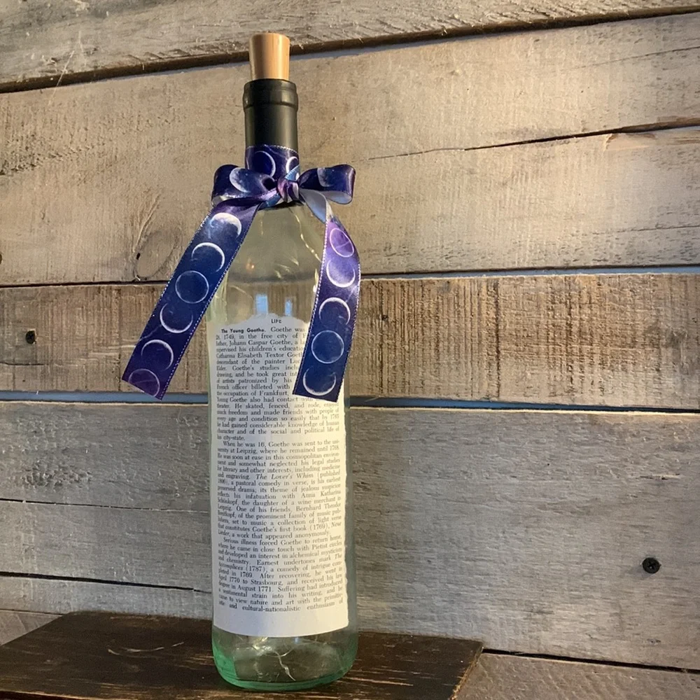 Handcrafted, upcycled decoupage bottle lantern Vintage encyclopedia Goethe page